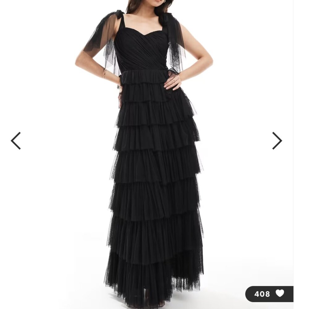 Lace & Beads Bridesmaid tulle tiered bow shoulder detailing maxi dress in black